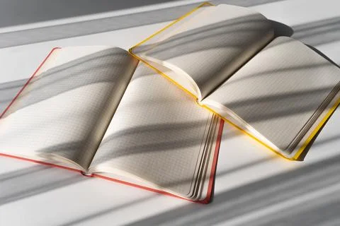Open Notebooks with Grid Pages and Overlapping Shadows on White Surface Foto stock