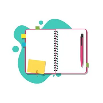 Open notepad and pen with stickers isolated on white background. Stock Illustration