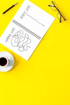 Open notepad with concept of right and wrong strategy top view copy space Stock Photos