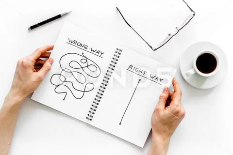 Open notepad with concept of right and wrong strategy - in hands - top ...