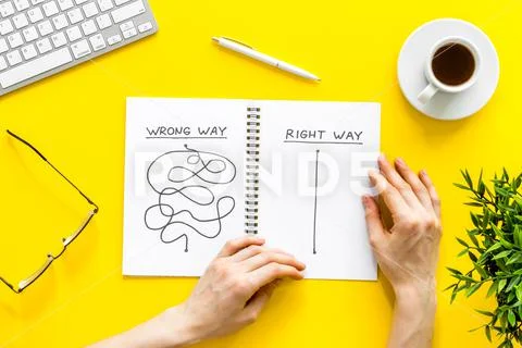 Photograph: Open notepad with concept of right and wrong strategy - in ...