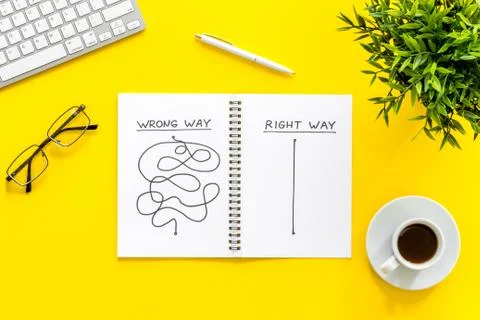 Open notepad with concept of right and wrong strategy top view Foto stock