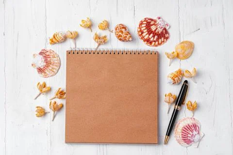 Open notepad with sea shells on white wooden background Stock Photos