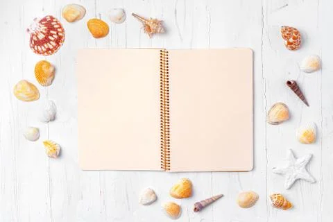 Open notepad with sea shells on white wooden background Stock Photos