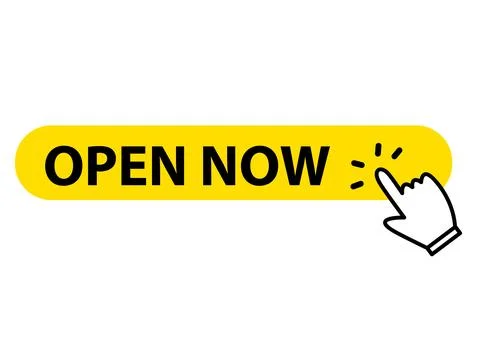 Open now button on white background. Open now icon. flat style. Stock Illustration