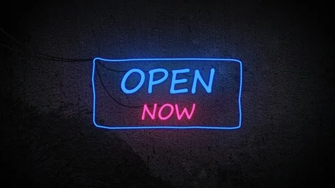 Open now neon sign banner on retro background Stock Footage