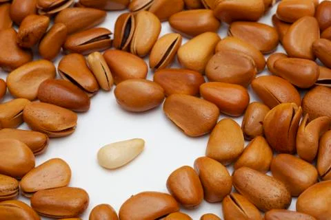 Open nuts on the table with clean and bright background Foto stock