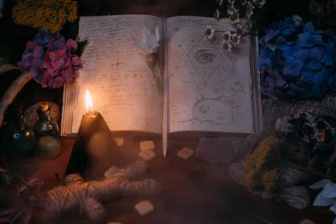 Open old book with magic spells, runes, black candle Stock Photos