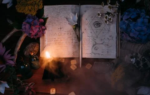 Open old book with magic spells, runes, black candle Stock Photos