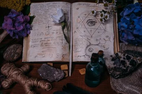 Open old book with magic spells, runes, black candle Stock Photos