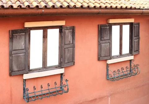 Open Old Window On Brick Wall Stock Photos
