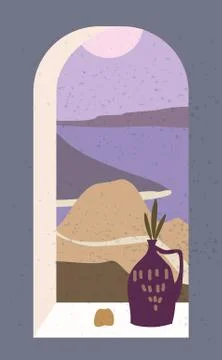 Open old window with landscape absctract view and stillife, vase, friut Stock Illustration