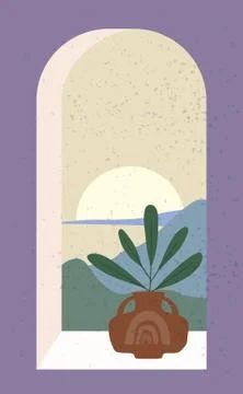 Open old window with landscape absctract view and stillife, vase, friut Stock Illustration