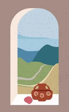 Open old window with landscape absctract view and stillife, vase, friut. Moun Stock Illustration