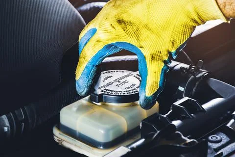Open or close the cap of the power steering fluid Foto stock