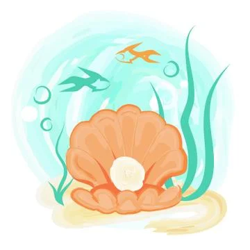Open Orange Sea Shell with Shiny Pearl Underwater Illustrazione stock