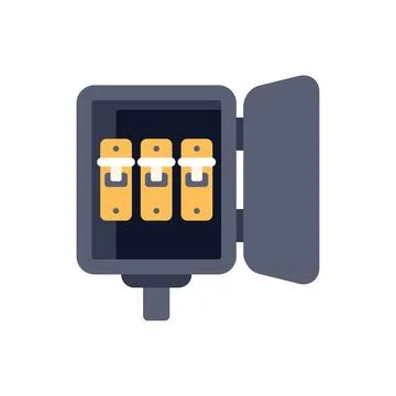 Open outdoor electrical panel with circuit breakers showing Stock Illustration
