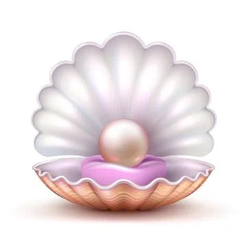 Open oyster sea shell with valuable pearl isolated. Realistic 3d vector Illustrazione stock