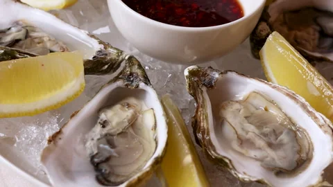 Open oysters on plate with slice of lemon on ice cubes. Stock Footage 274124400