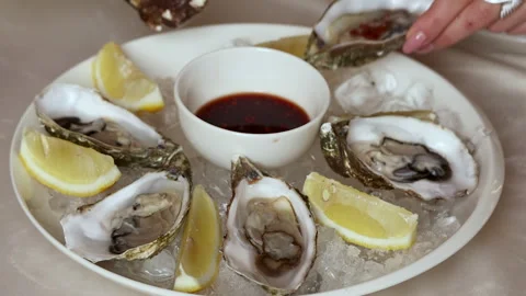 Open oysters on plate with slice of lemon on ice cubes. Stock Footage 274124457
