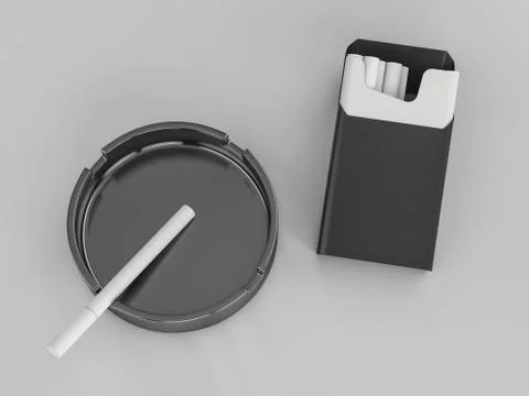 Open pack of cigarettes and ashtray  on grey background. 3D rendering Stock Illustration