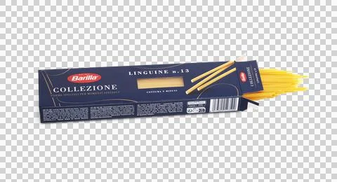 Open packaging of Barilla Spaghetti Collezione Stock Photos