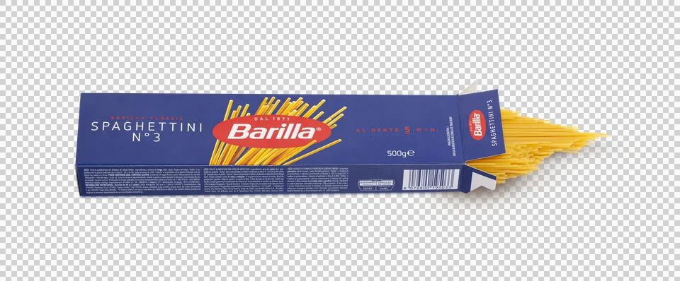Open packaging of Barilla Spaghetti n.3 italian pasta on transparent backgrou Stock Photos
