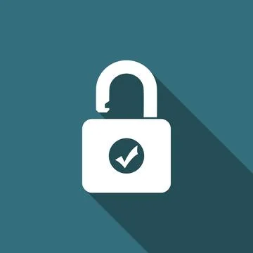 Open padlock and check mark icon isolated with long shadow. Security check lock Stockillustratie