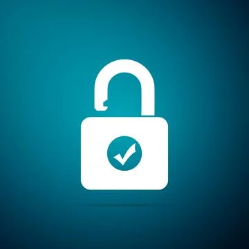 Open padlock and check mark icon isolated on blue background. Security check Stock Illustration