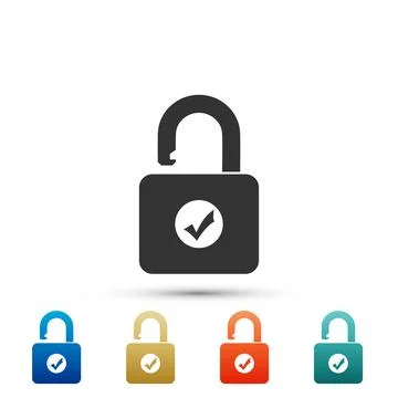 Open padlock and check mark icon isolated on white background. Security check Stock Illustration