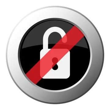 Open padlock - ban round metal button, white icon Stock Illustration