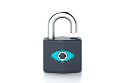Open padlock with eye symbol, representing surveillance, privacy breach, on.. Stock Illustration