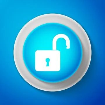 Open padlock icon isolated on blue background. Lock symbol. Circle blue button Ilustración de archivo