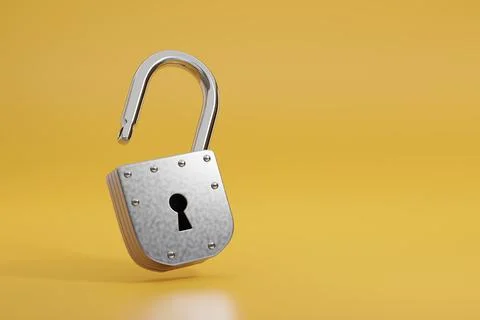 Open padlock isolated on yellow background with copy space. 3d illustration. Stock Illustration