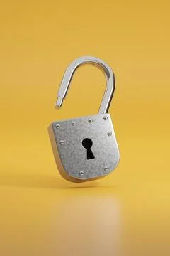 Open padlock isolated on yellow background. 3d illustration. Stock Illustration