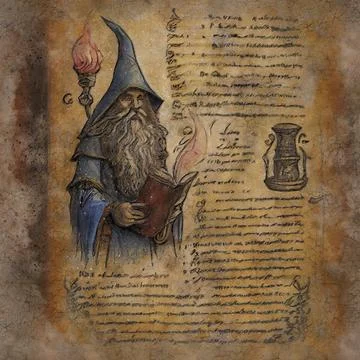 An open page with magic drawing and text in wizard book, illustration Stock Illustration
