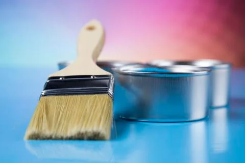 Open paint cans with a brush, Rainbow colors Free Stock Photos