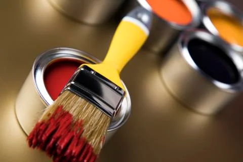 Open paint cans with a brush, Rainbow colors Free Stock Photos