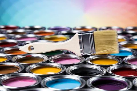 Open paint cans with a brush, Rainbow colors Free Stock Photos