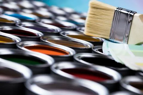 Open paint cans with a brush, Rainbow colors Free Stock Photos