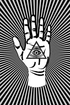 Open palm with all seeing eye sacred Masonic symbol, third eye of Providence, Stock Illustration