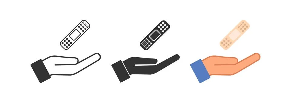 Open palm and patch icon. Hand and plaster symbol. Sign offer bandage vector. Stock Illustration