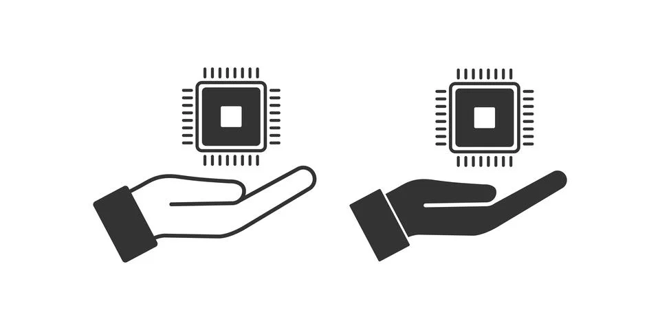 Open palm and processor icon. Hand and microchip symbol. Sign offer chip ve.. Stock Illustration