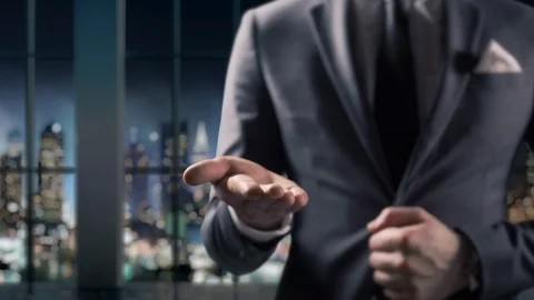 Open Palm Empty Hand Man Gesture Holding Idea Giving Concept Fingers Businessman Vidéo 122793064