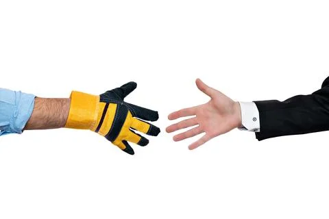 Open palms of customer and builder are isolated on white background. Hands close Stock Photos