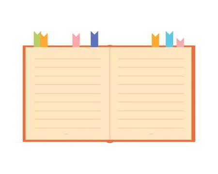 Open paper book, notebook with bookmarks for reading and studying Stock Illustration