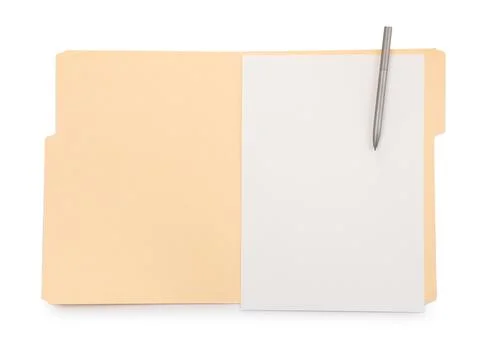 Open paper file folder with blank sheet and pen isolated on white, top view Stock Photos