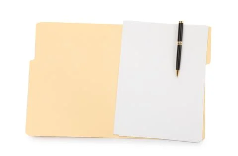 Open paper file folder with blank sheet and pen isolated on white, top view Stock Photos