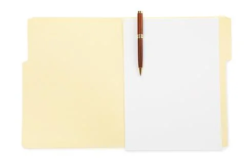 Open paper file folder with blank sheet and pen isolated on white, top view Stock Photos