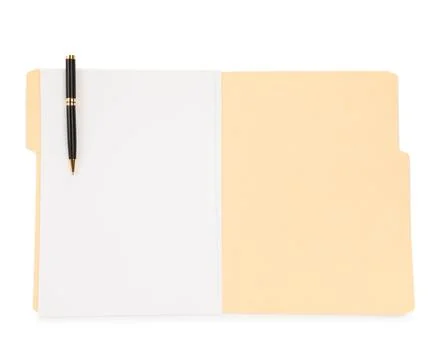 Open paper file folder with blank sheet and pen isolated on white, top view Stock Photos